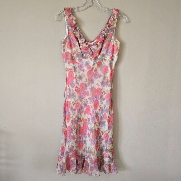 MAGGY LONDON Womens Floral Pink Sleeveless Dress Size 4 100% Silk Y2k  Coquette - Picture 2 of 7